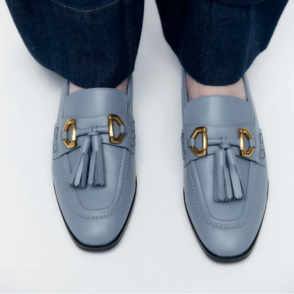 NWT. Zara Blue Tassels Flat Loafers. Size 6,5.